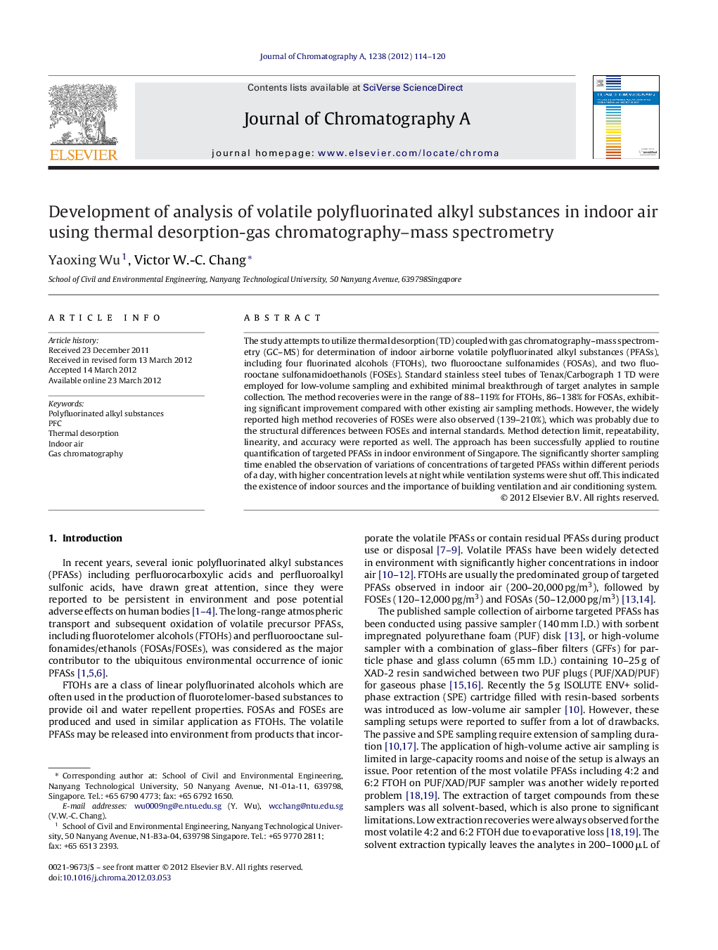 Development of analysis of volatile polyfluorinated alkyl substances in indoor air using thermal desorption-gas chromatography–mass spectrometry