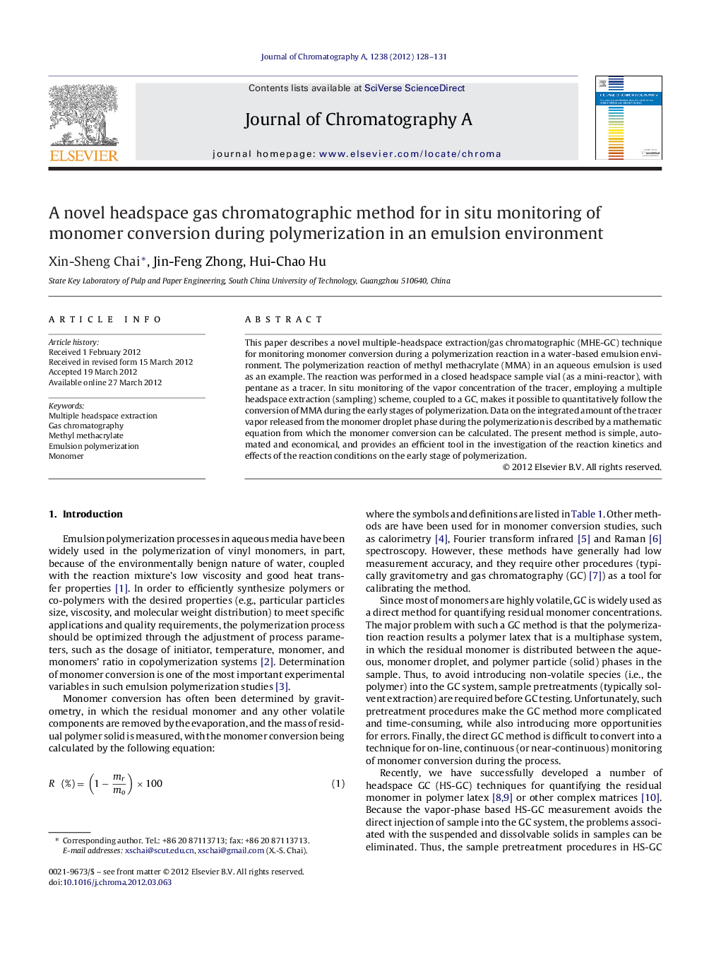 A novel headspace gas chromatographic method for in situ monitoring of monomer conversion during polymerization in an emulsion environment