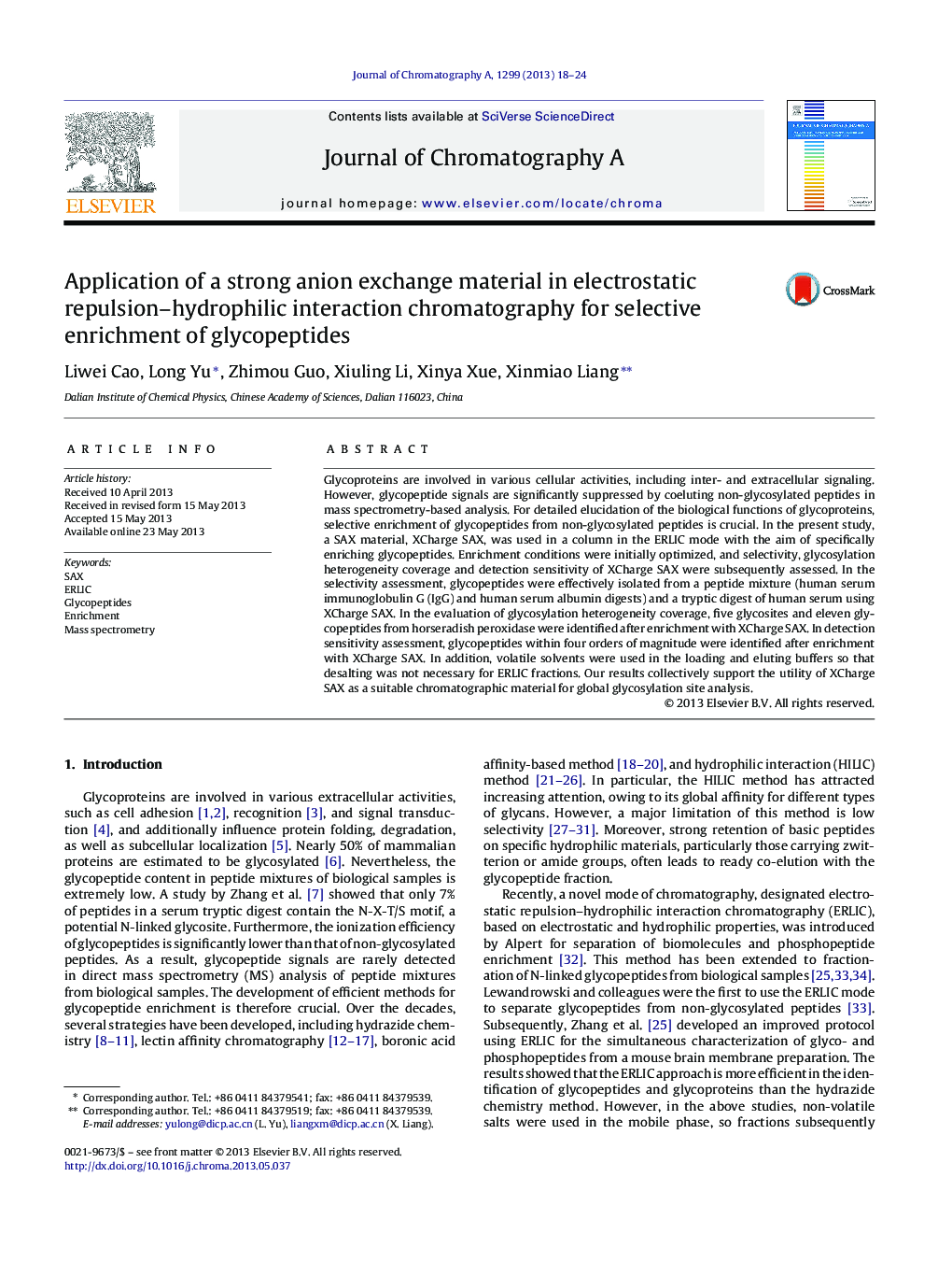 Application of a strong anion exchange material in electrostatic repulsion–hydrophilic interaction chromatography for selective enrichment of glycopeptides