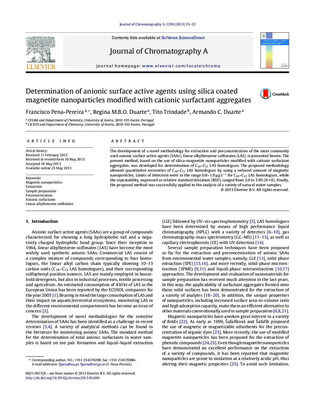 Determination of anionic surface active agents using silica coated magnetite nanoparticles modified with cationic surfactant aggregates