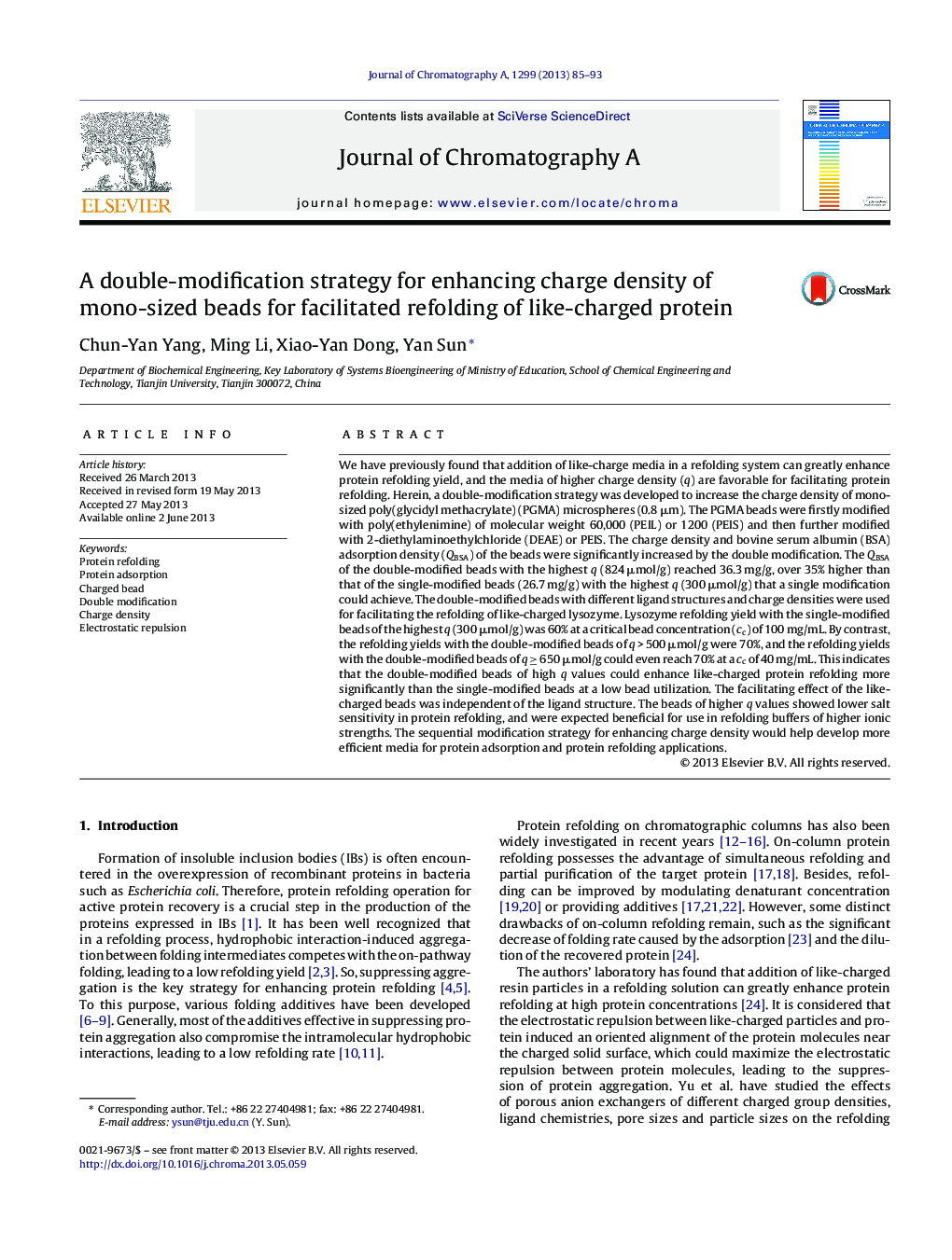 A double-modification strategy for enhancing charge density of mono-sized beads for facilitated refolding of like-charged protein