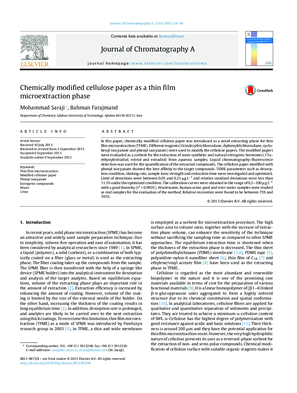 Chemically modified cellulose paper as a thin film microextraction phase