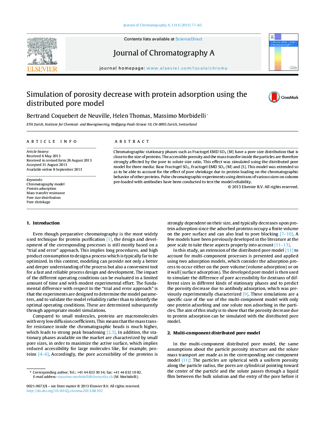 Simulation of porosity decrease with protein adsorption using the distributed pore model