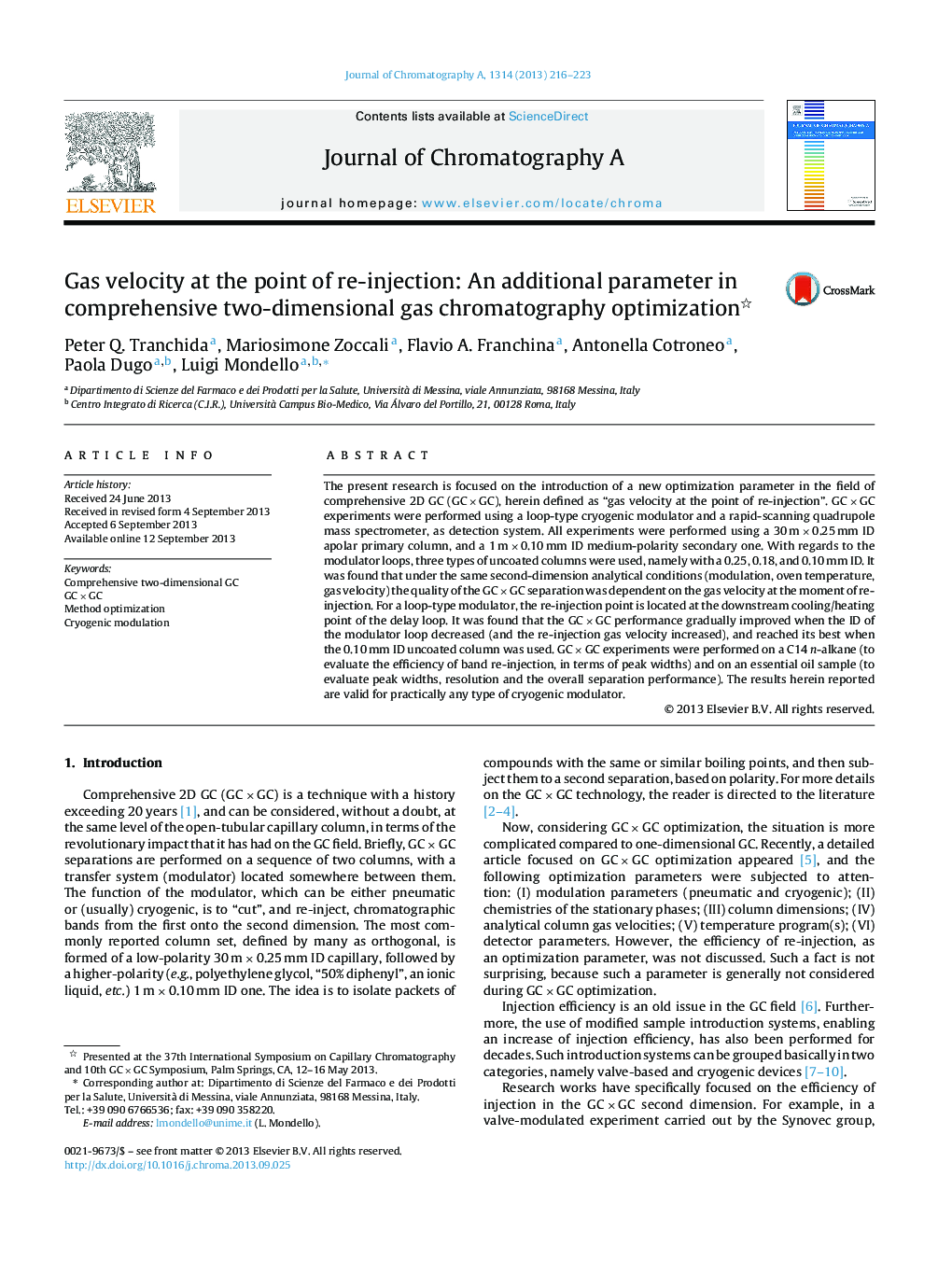 Gas velocity at the point of re-injection: An additional parameter in comprehensive two-dimensional gas chromatography optimization 