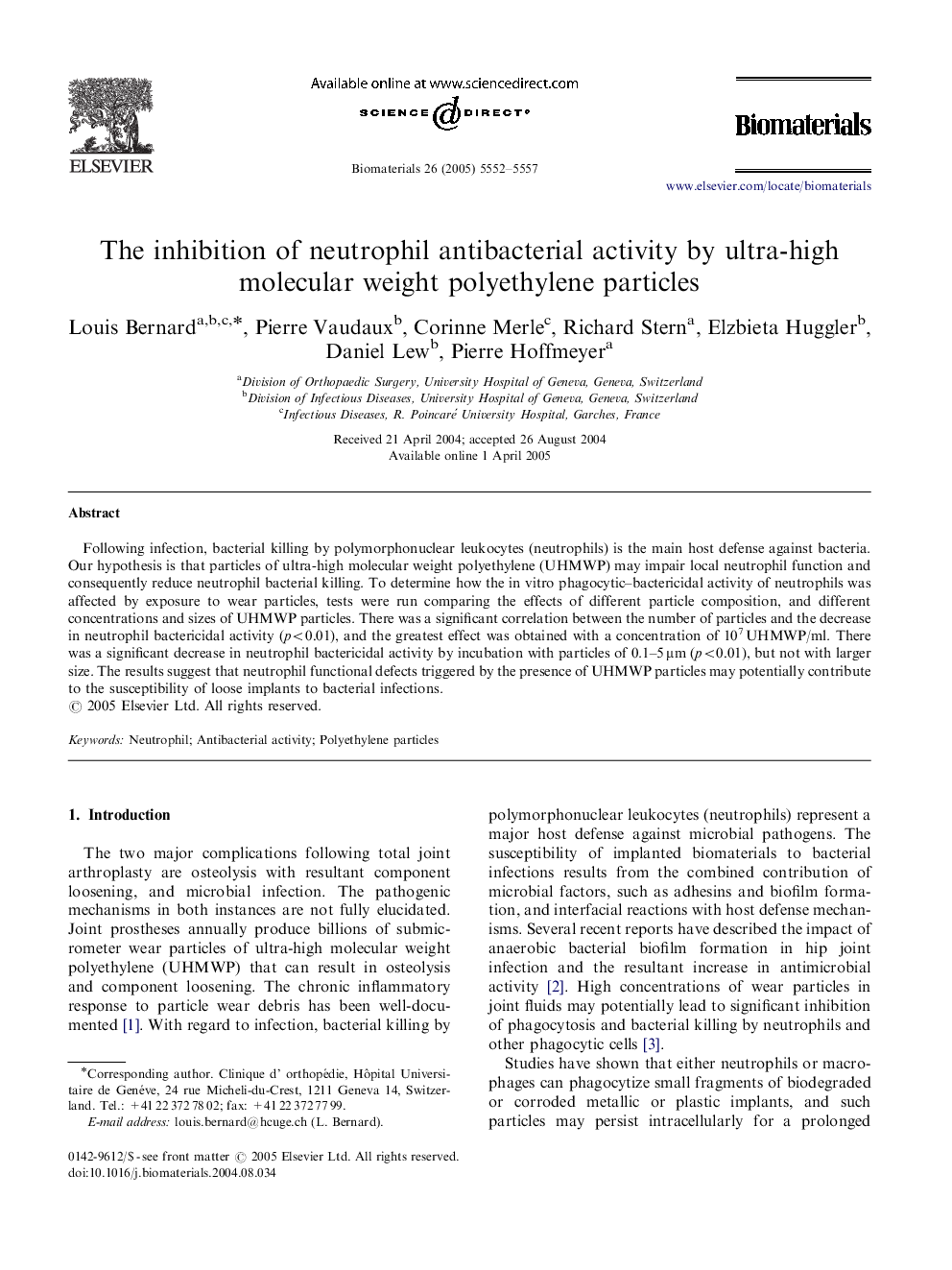 The inhibition of neutrophil antibacterial activity by ultra-high molecular weight polyethylene particles