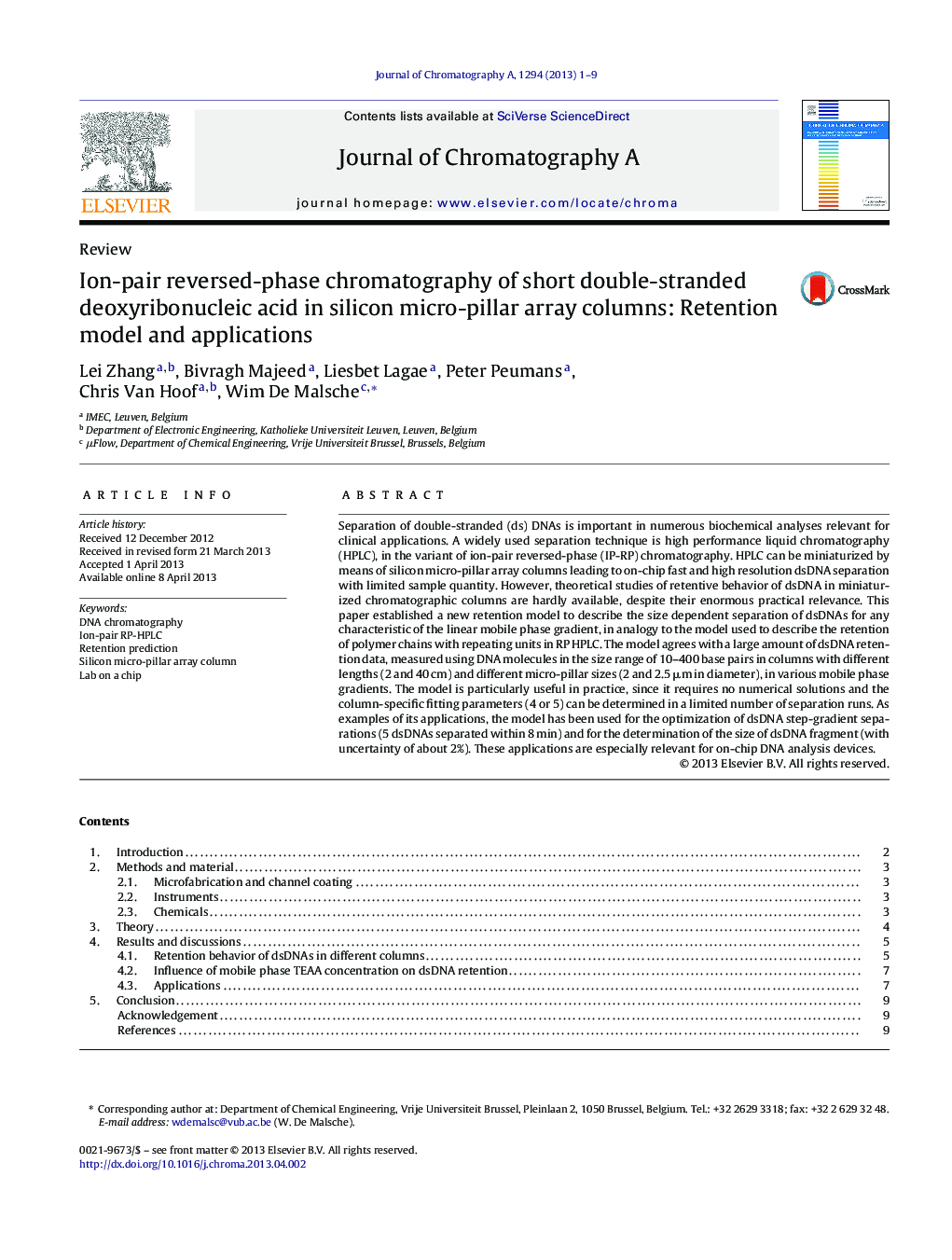 Ion-pair reversed-phase chromatography of short double-stranded deoxyribonucleic acid in silicon micro-pillar array columns: Retention model and applications