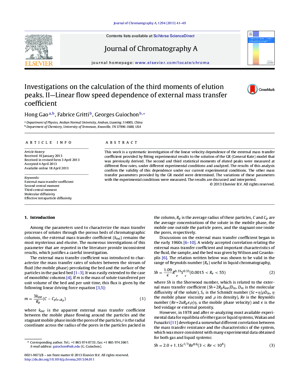 Investigations on the calculation of the third moments of elution peaks. II—Linear flow speed dependence of external mass transfer coefficient