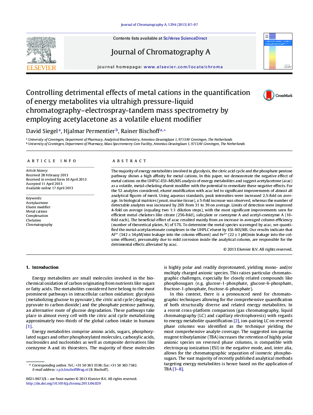 Controlling detrimental effects of metal cations in the quantification of energy metabolites via ultrahigh pressure-liquid chromatography–electrospray-tandem mass spectrometry by employing acetylacetone as a volatile eluent modifier