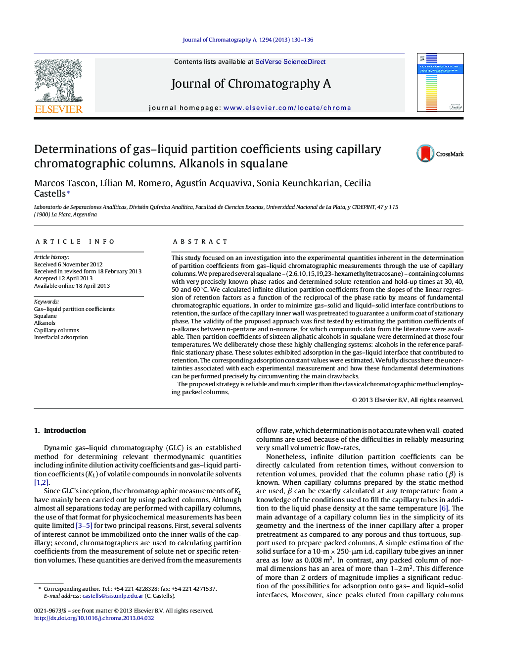 Determinations of gas–liquid partition coefficients using capillary chromatographic columns. Alkanols in squalane