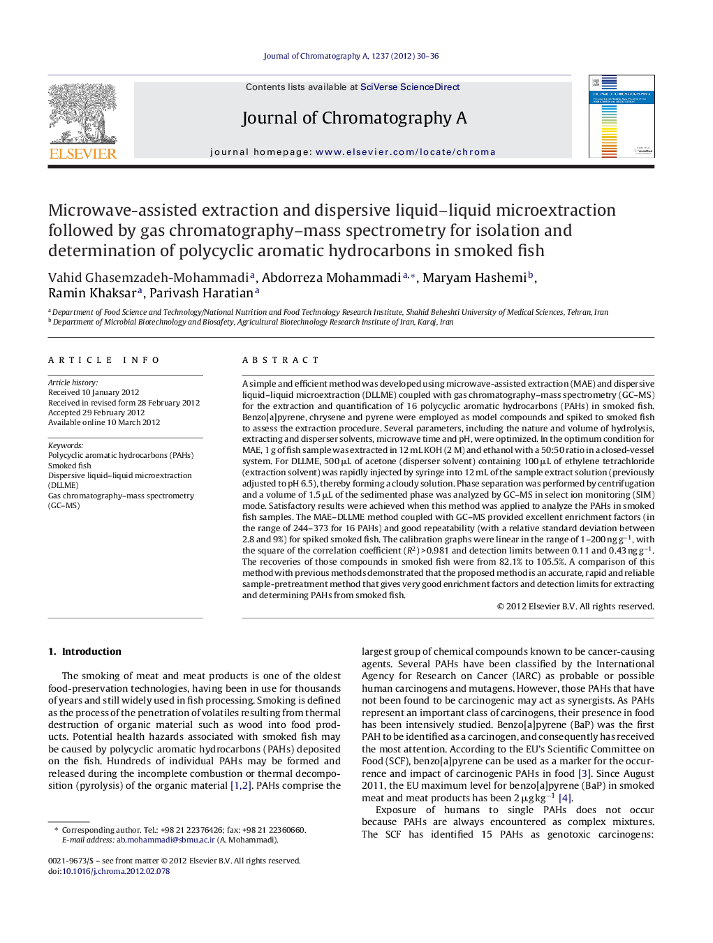 Microwave-assisted extraction and dispersive liquid–liquid microextraction followed by gas chromatography–mass spectrometry for isolation and determination of polycyclic aromatic hydrocarbons in smoked fish