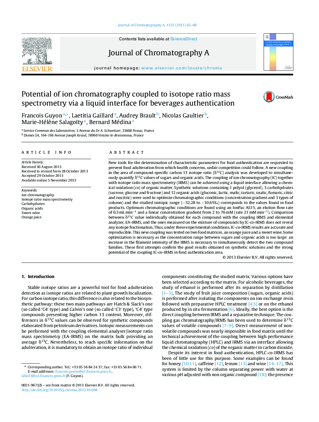 Potential of ion chromatography coupled to isotope ratio mass spectrometry via a liquid interface for beverages authentication