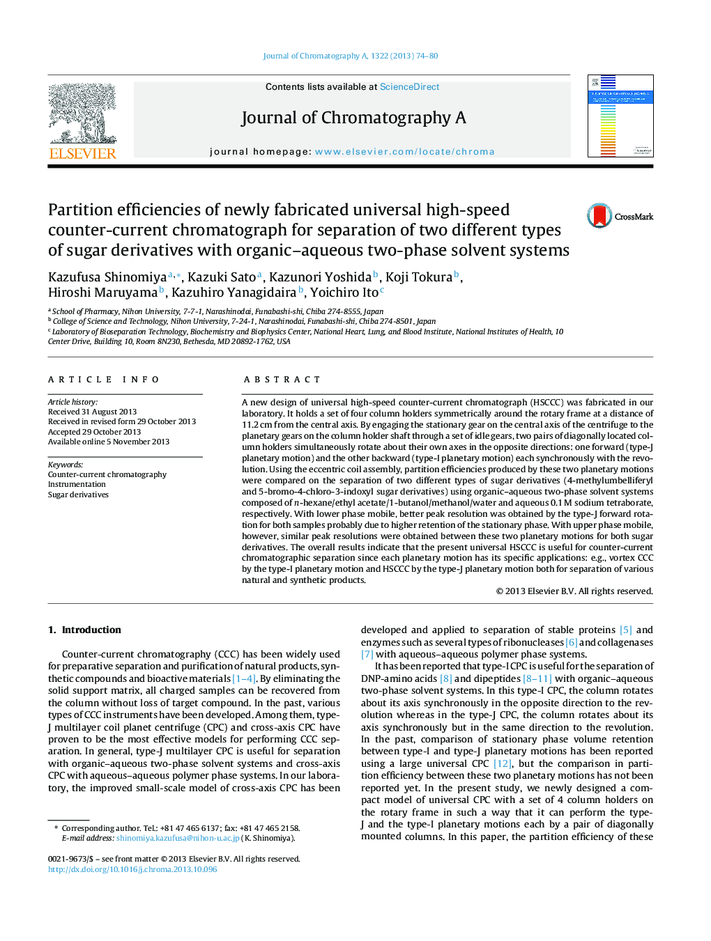 Partition efficiencies of newly fabricated universal high-speed counter-current chromatograph for separation of two different types of sugar derivatives with organic–aqueous two-phase solvent systems