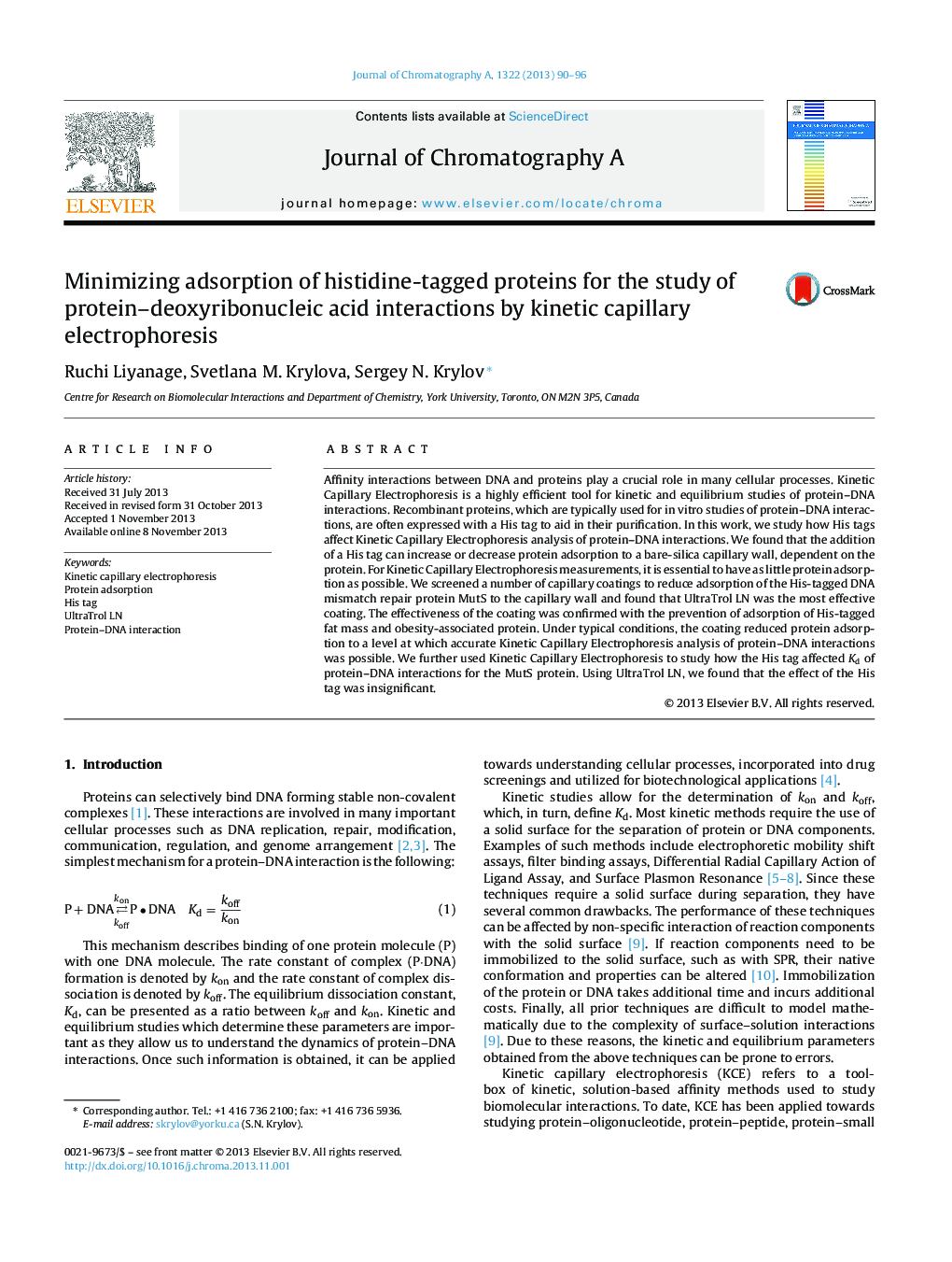 Minimizing adsorption of histidine-tagged proteins for the study of protein–deoxyribonucleic acid interactions by kinetic capillary electrophoresis