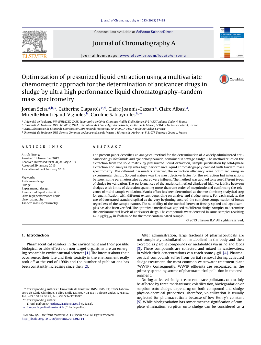 Optimization of pressurized liquid extraction using a multivariate chemometric approach for the determination of anticancer drugs in sludge by ultra high performance liquid chromatography–tandem mass spectrometry