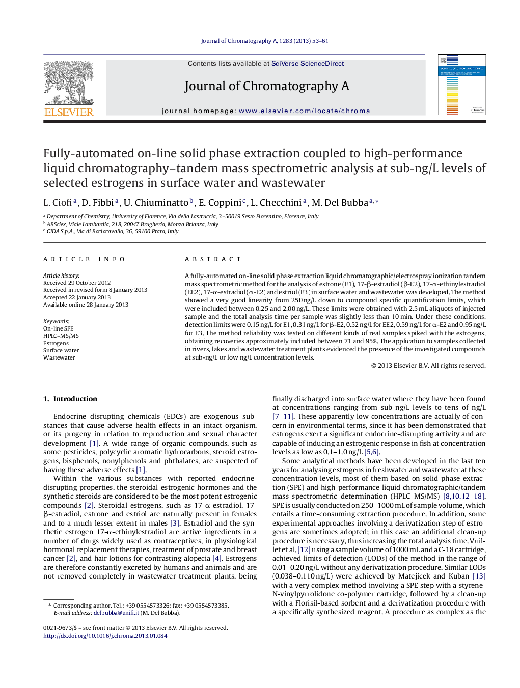 Fully-automated on-line solid phase extraction coupled to high-performance liquid chromatography–tandem mass spectrometric analysis at sub-ng/L levels of selected estrogens in surface water and wastewater