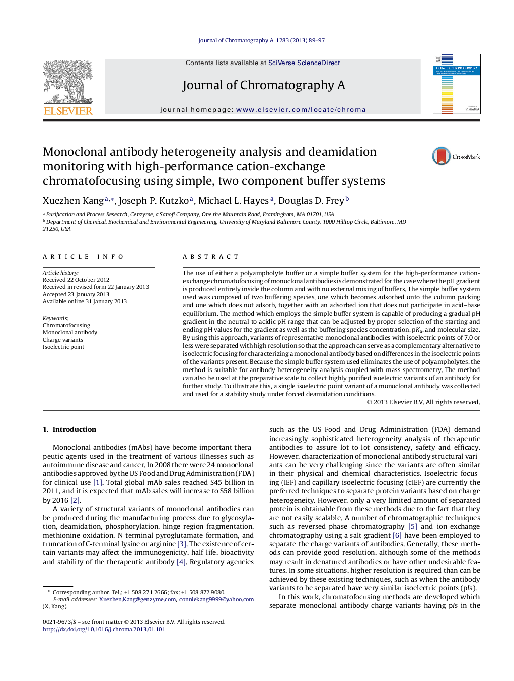 Monoclonal antibody heterogeneity analysis and deamidation monitoring with high-performance cation-exchange chromatofocusing using simple, two component buffer systems