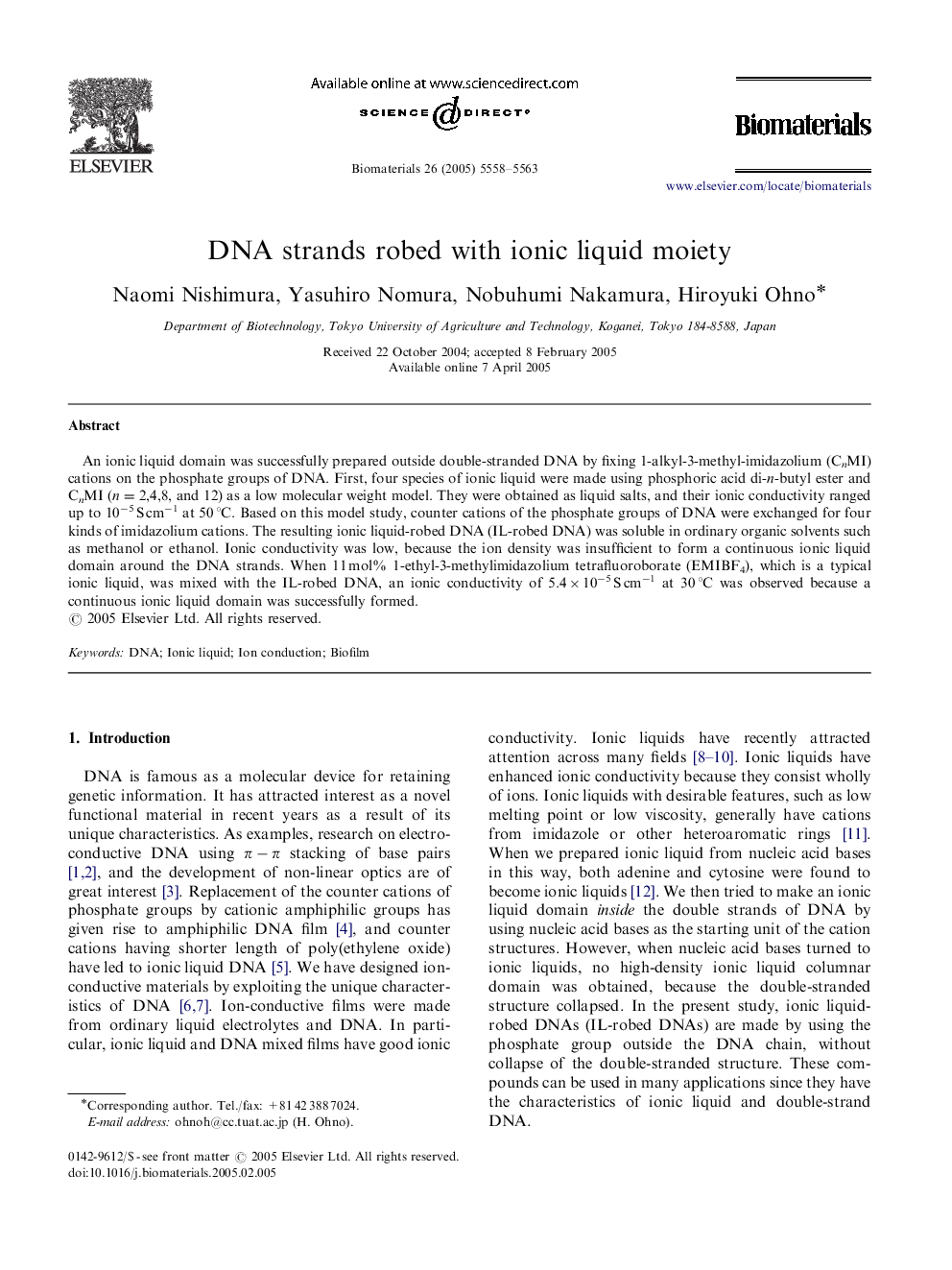 DNA strands robed with ionic liquid moiety