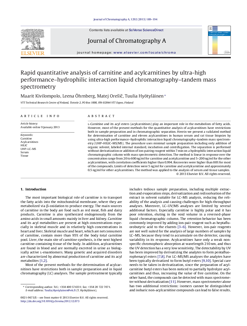 Rapid quantitative analysis of carnitine and acylcarnitines by ultra-high performance–hydrophilic interaction liquid chromatography–tandem mass spectrometry