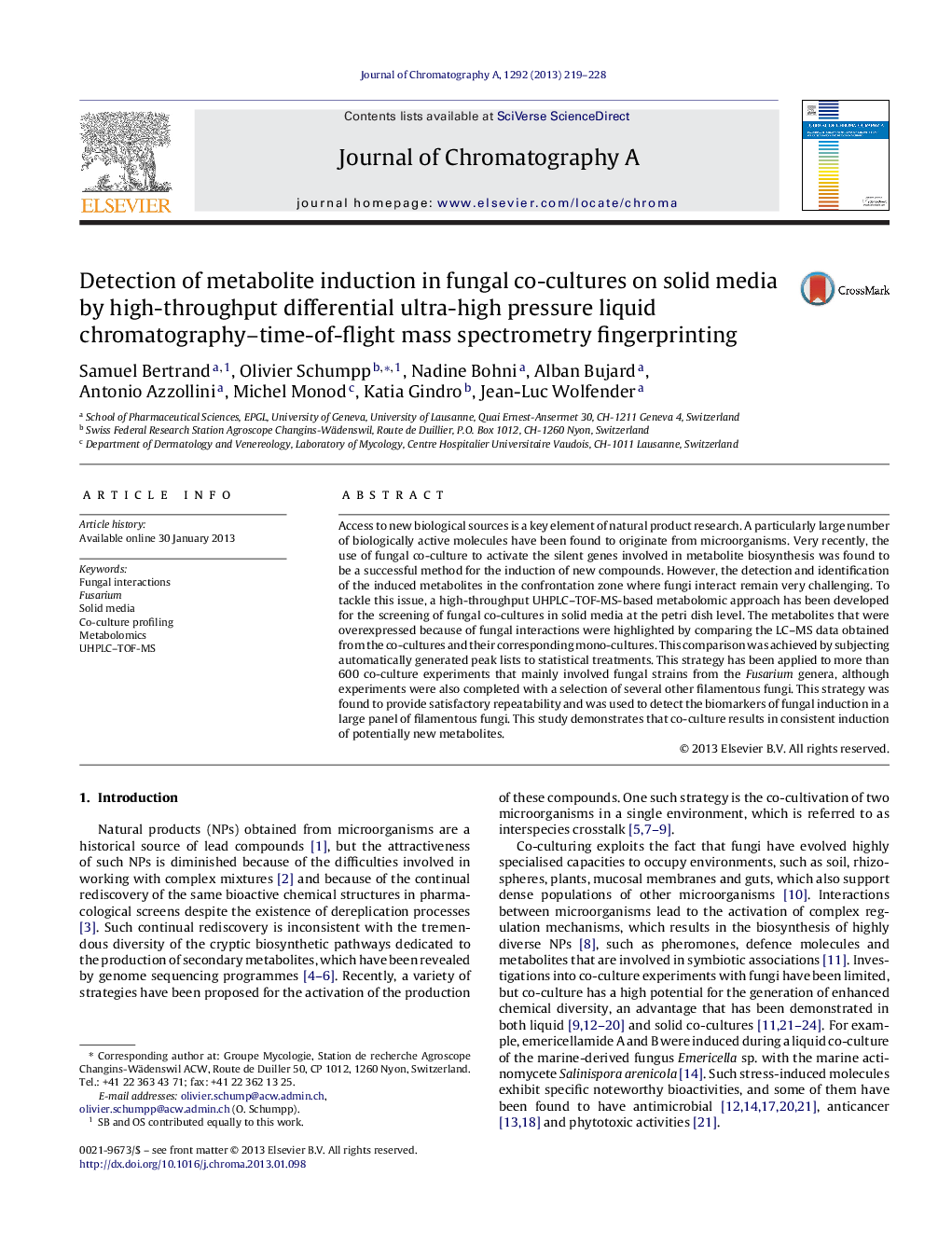 Detection of metabolite induction in fungal co-cultures on solid media by high-throughput differential ultra-high pressure liquid chromatography–time-of-flight mass spectrometry fingerprinting