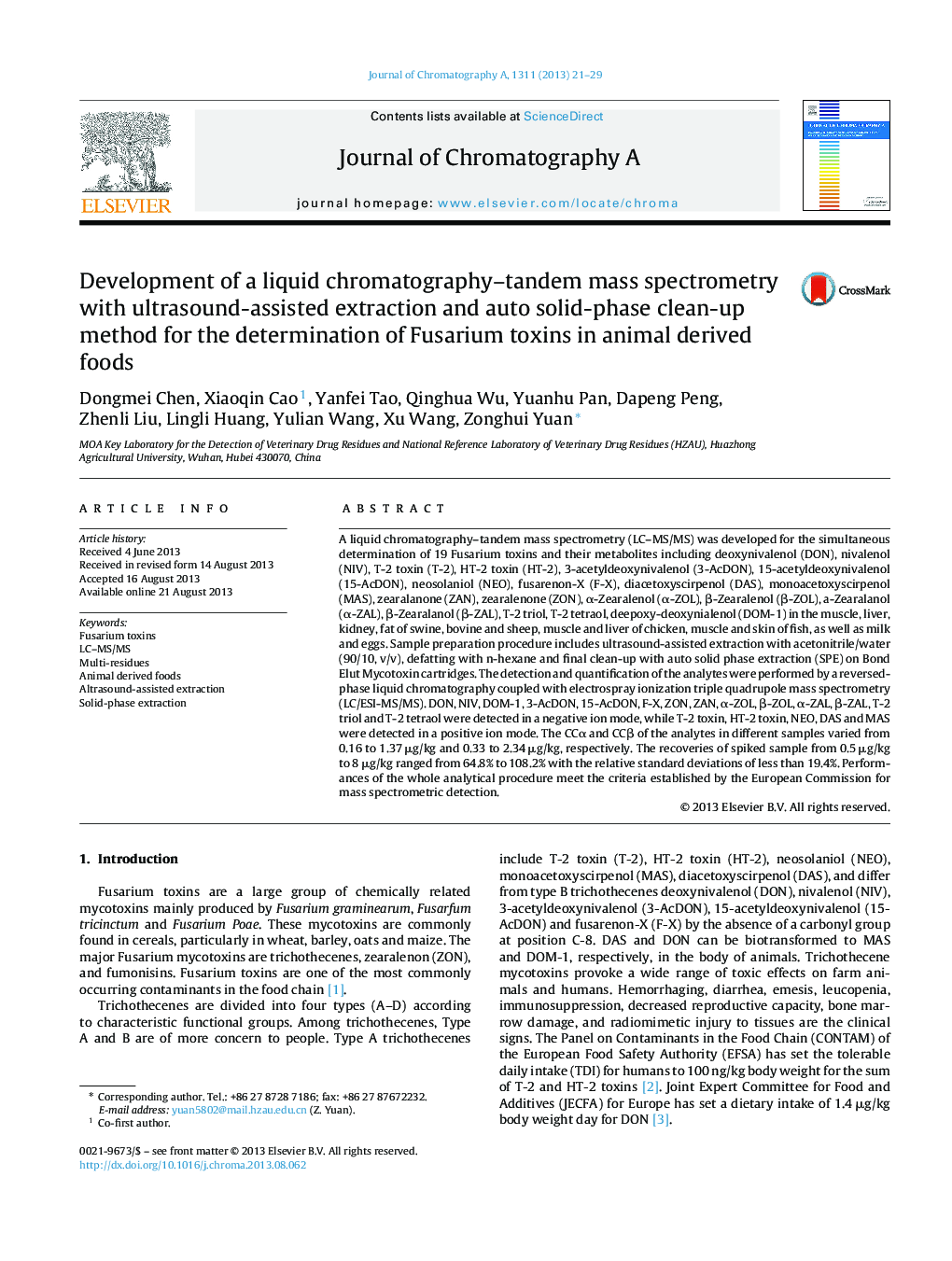 Development of a liquid chromatography–tandem mass spectrometry with ultrasound-assisted extraction and auto solid-phase clean-up method for the determination of Fusarium toxins in animal derived foods