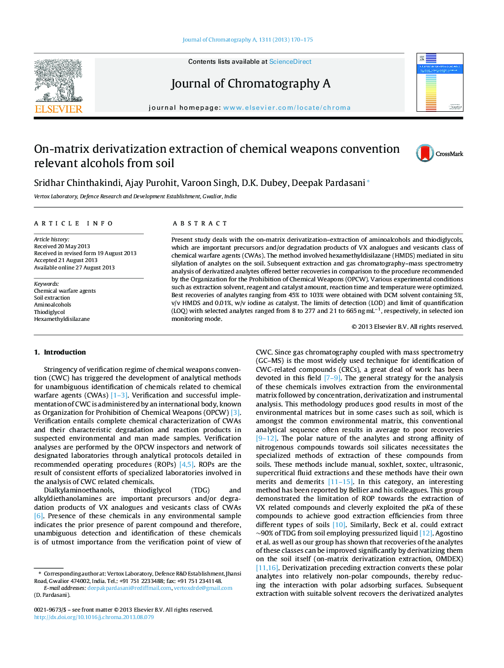 عکس صفحه اول مقاله: On-matrix derivatization extraction of chemical weapons convention relevant alcohols from soil On-matrix derivatization extraction of chemical weapons convention relevant alcohols from soil