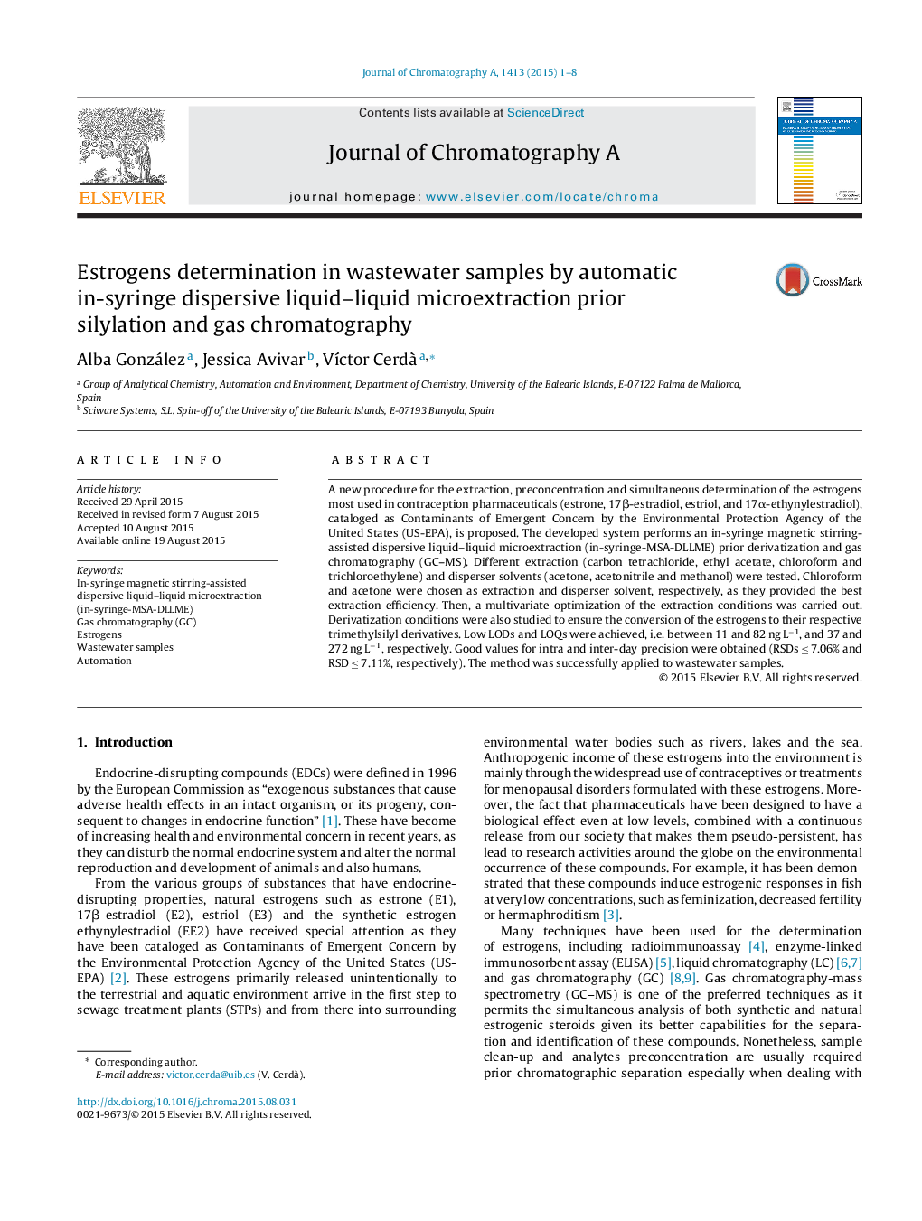 Estrogens determination in wastewater samples by automatic in-syringe dispersive liquid-liquid microextraction prior silylation and gas chromatography