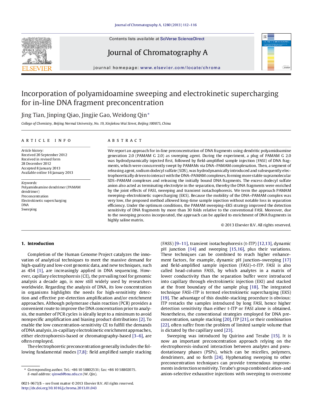 Incorporation of polyamidoamine sweeping and electrokinetic supercharging for in-line DNA fragment preconcentration