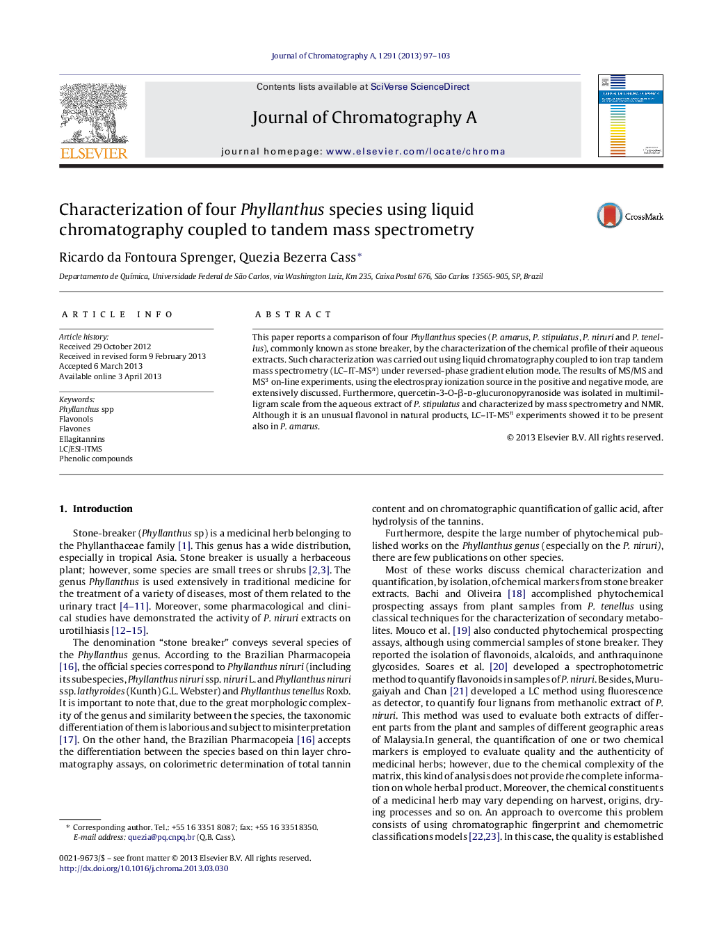 Characterization of four Phyllanthus species using liquid chromatography coupled to tandem mass spectrometry