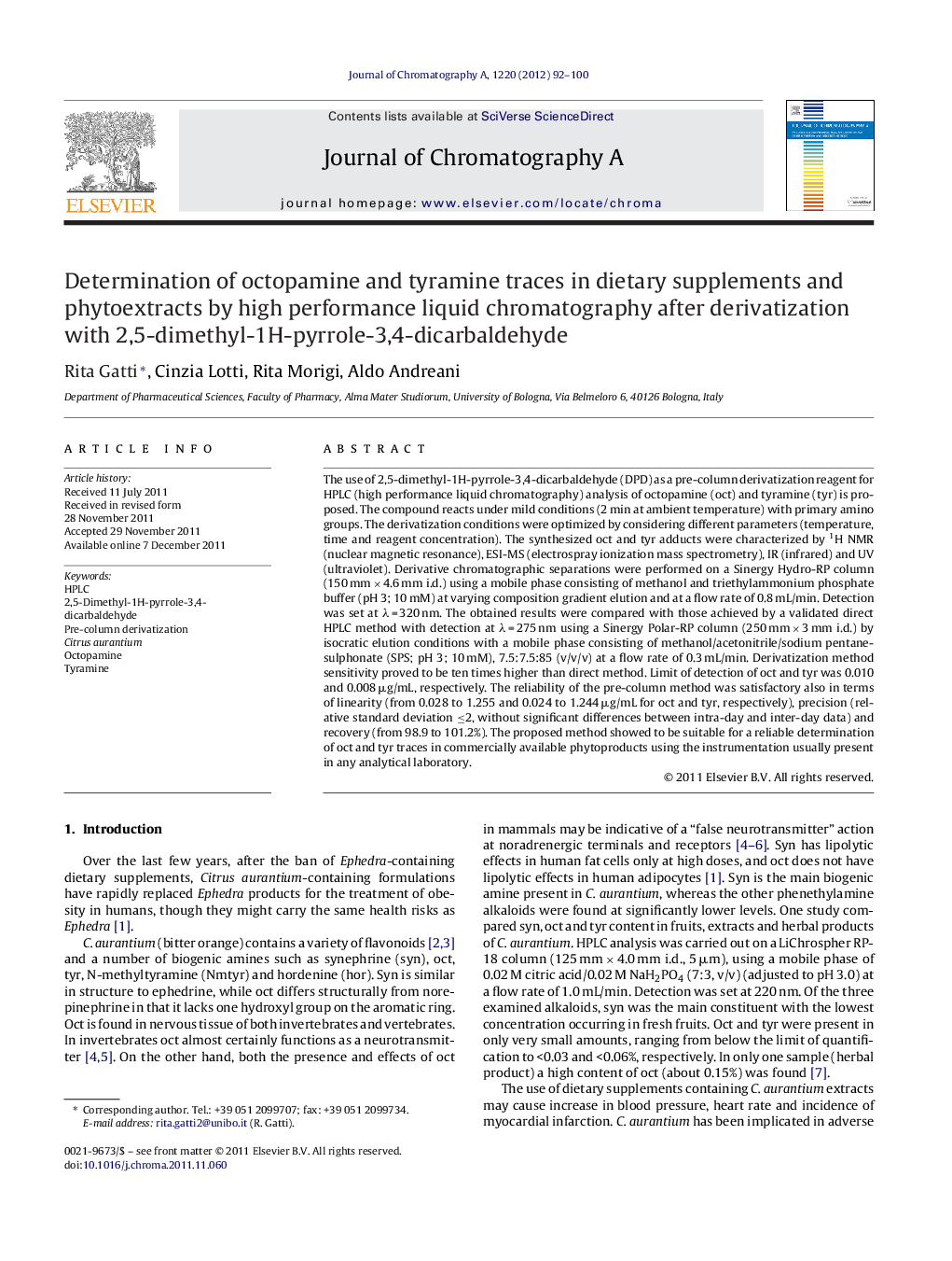 Determination of octopamine and tyramine traces in dietary supplements and phytoextracts by high performance liquid chromatography after derivatization with 2,5-dimethyl-1H-pyrrole-3,4-dicarbaldehyde