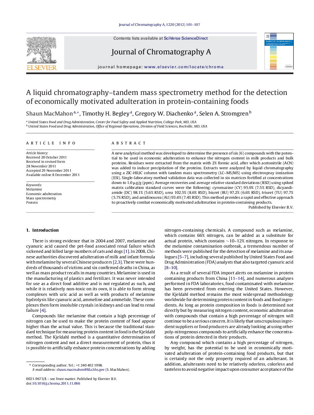 A liquid chromatography–tandem mass spectrometry method for the detection of economically motivated adulteration in protein-containing foods