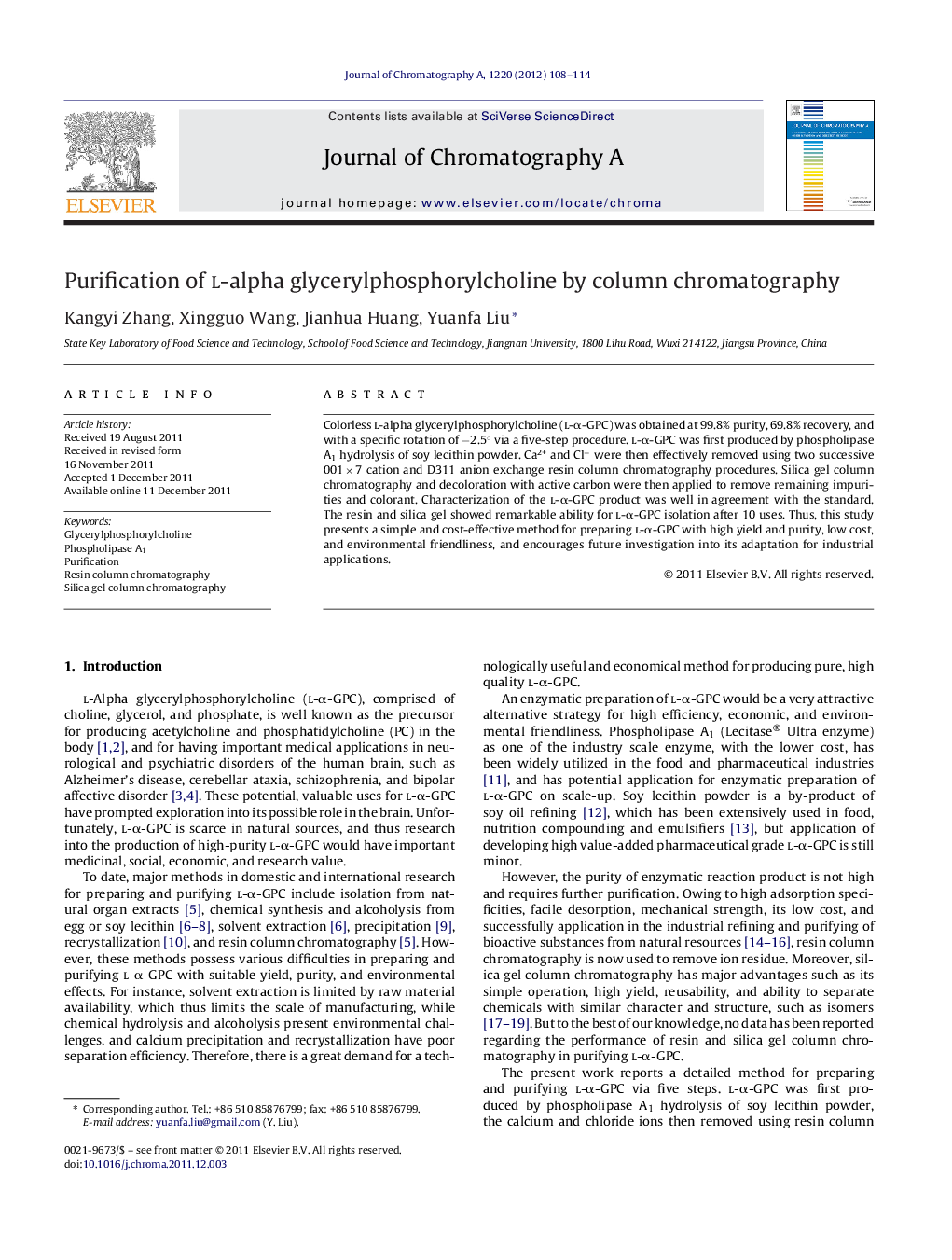 Purification of l-alpha glycerylphosphorylcholine by column chromatography