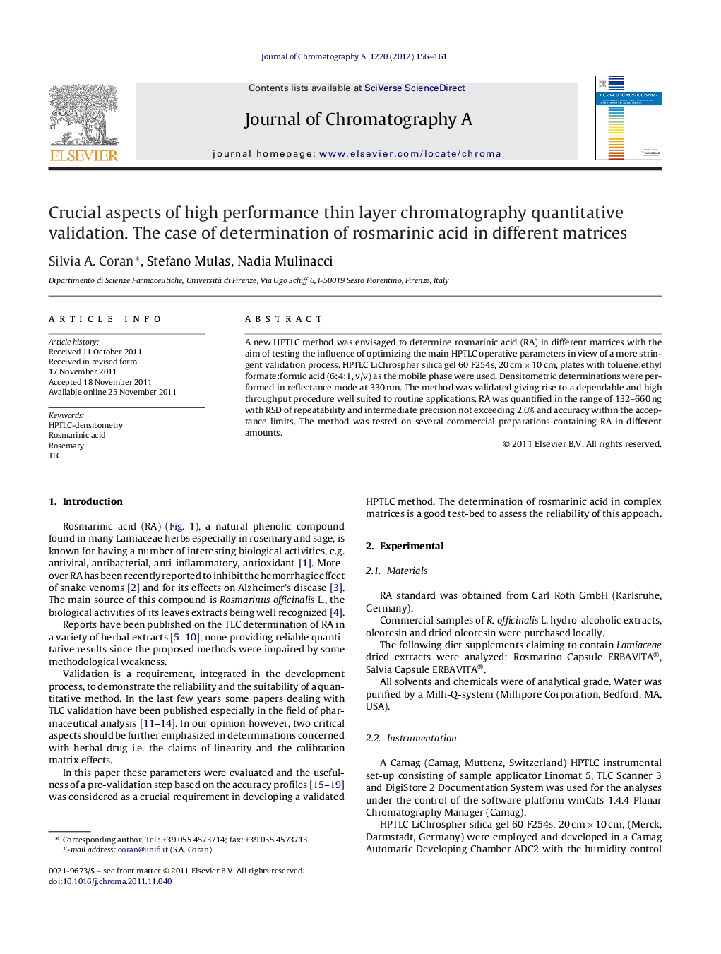 Crucial aspects of high performance thin layer chromatography quantitative validation. The case of determination of rosmarinic acid in different matrices