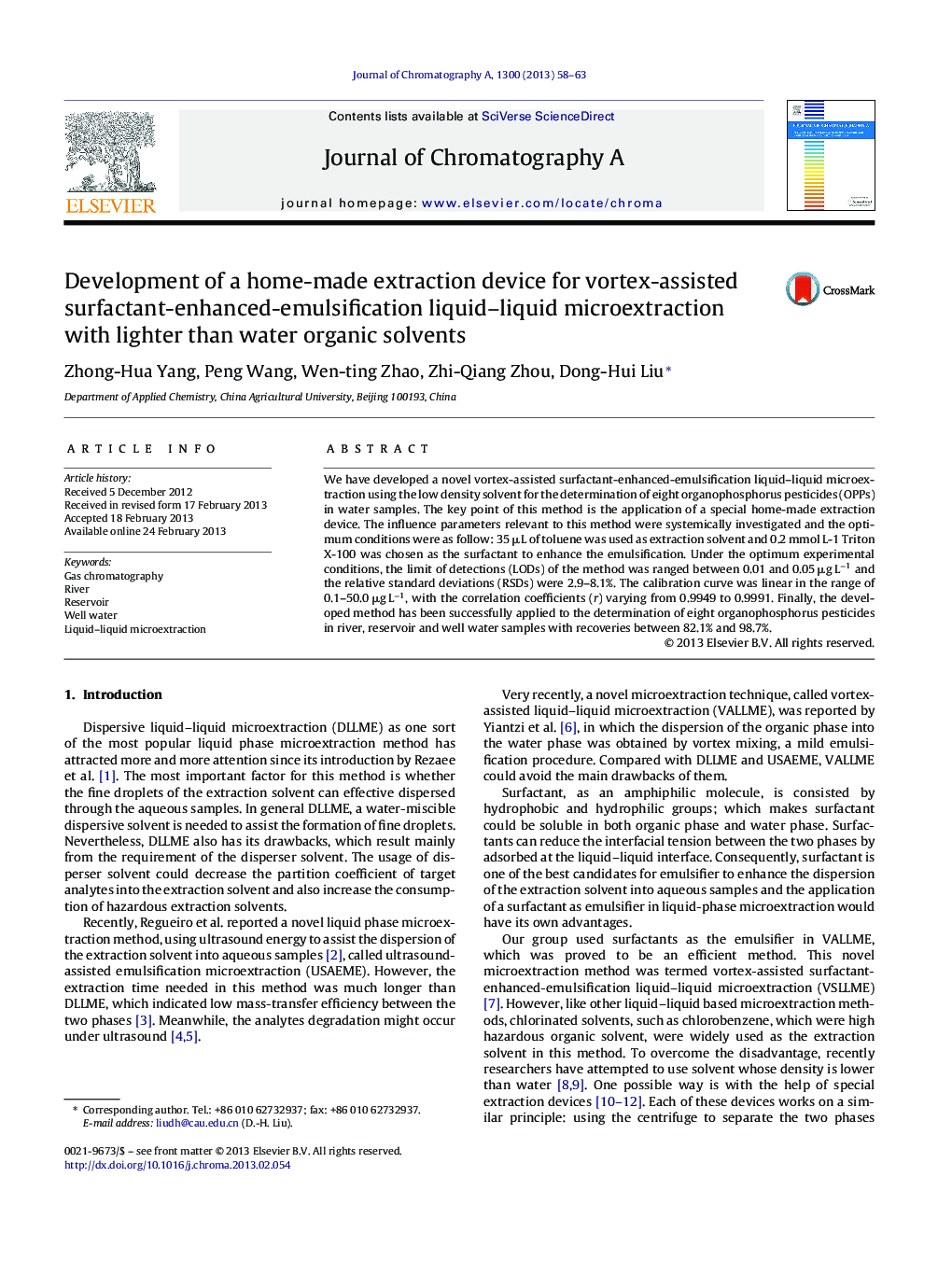 Development of a home-made extraction device for vortex-assisted surfactant-enhanced-emulsification liquid–liquid microextraction with lighter than water organic solvents