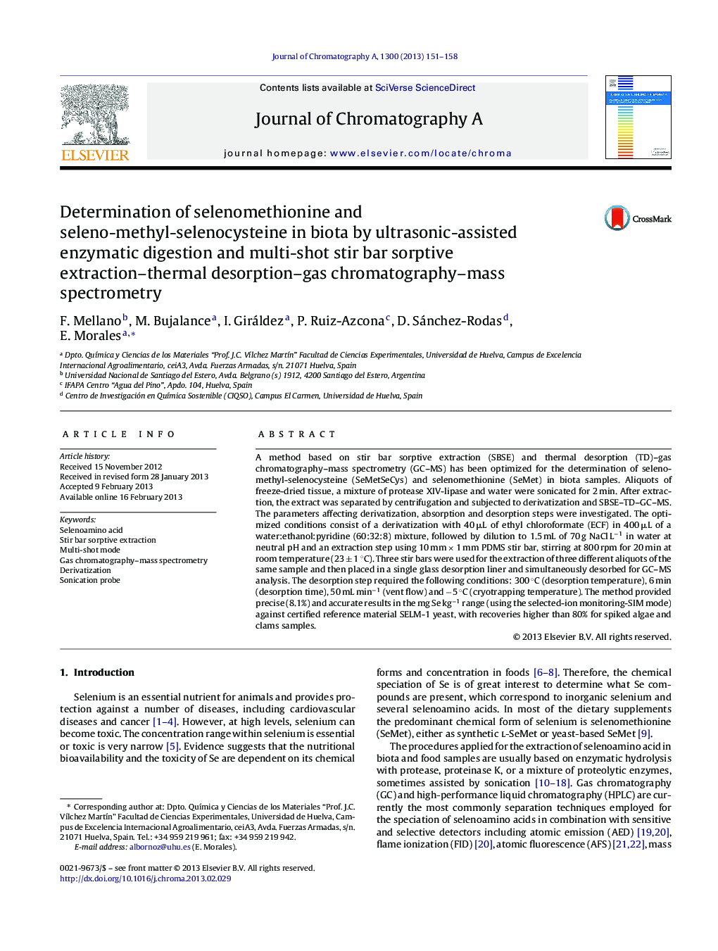 Determination of selenomethionine and seleno-methyl-selenocysteine in biota by ultrasonic-assisted enzymatic digestion and multi-shot stir bar sorptive extraction–thermal desorption–gas chromatography–mass spectrometry