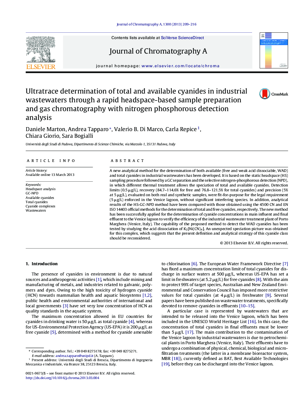 Ultratrace determination of total and available cyanides in industrial wastewaters through a rapid headspace-based sample preparation and gas chromatography with nitrogen phosphorous detection analysis