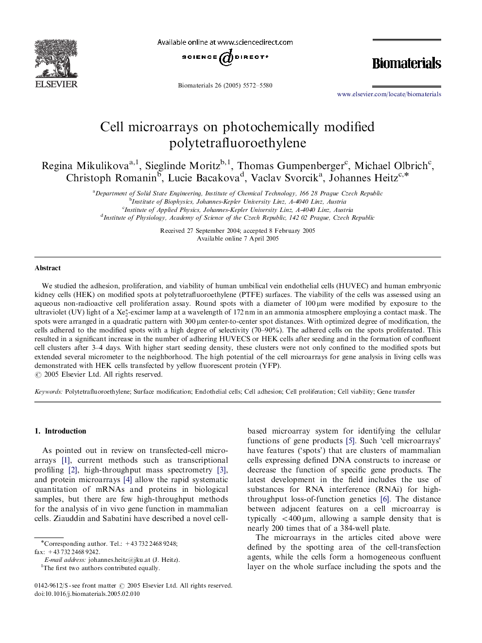 Cell microarrays on photochemically modified polytetrafluoroethylene