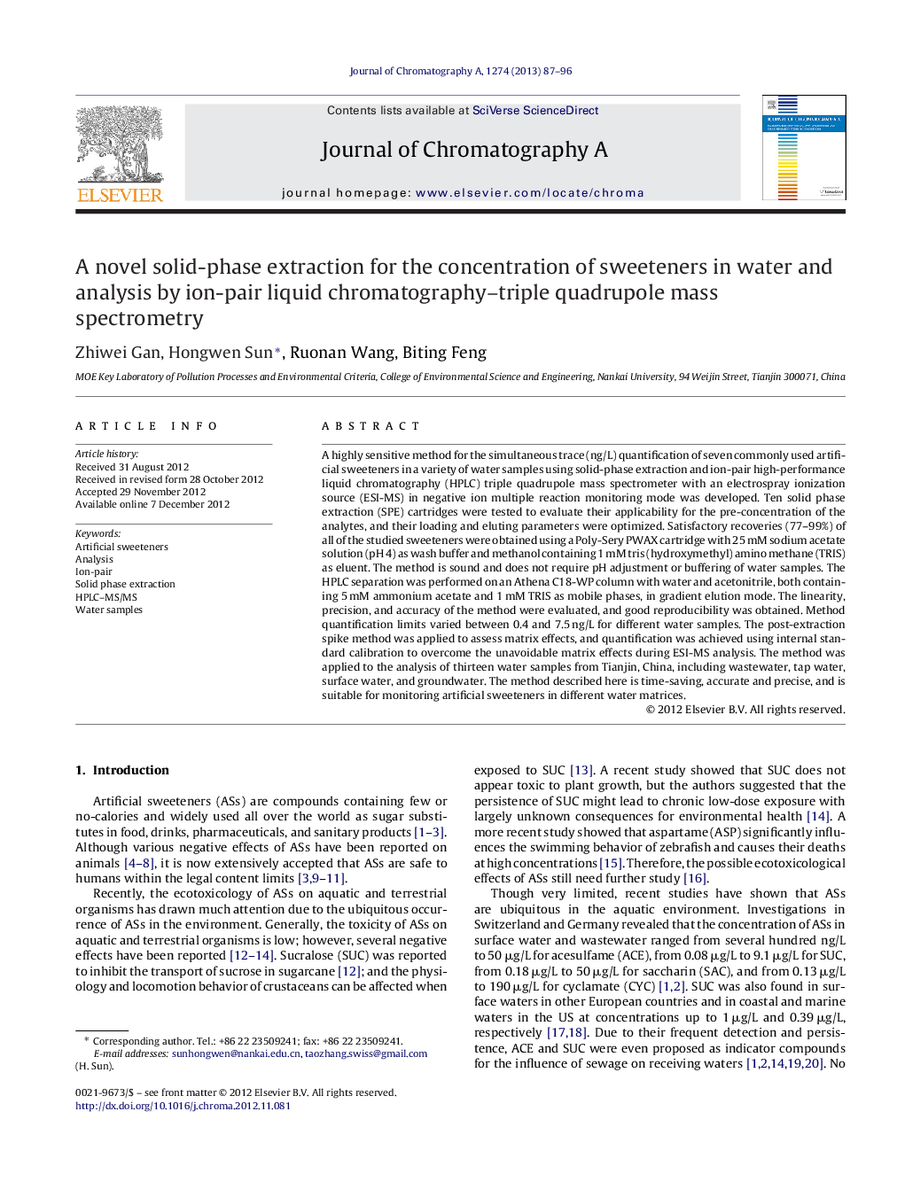 A novel solid-phase extraction for the concentration of sweeteners in water and analysis by ion-pair liquid chromatography–triple quadrupole mass spectrometry