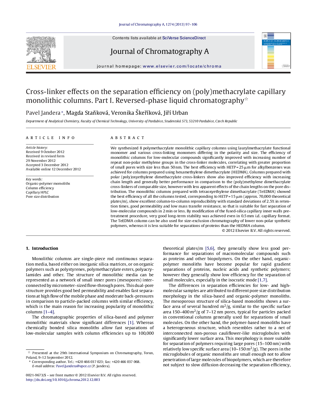 Cross-linker effects on the separation efficiency on (poly)methacrylate capillary monolithic columns. Part I. Reversed-phase liquid chromatography 