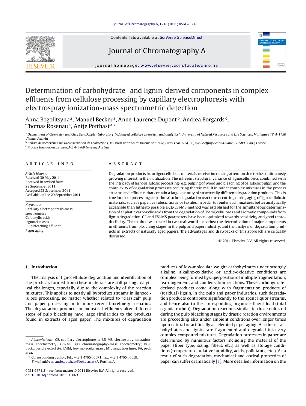 Determination of carbohydrate- and lignin-derived components in complex effluents from cellulose processing by capillary electrophoresis with electrospray ionization-mass spectrometric detection