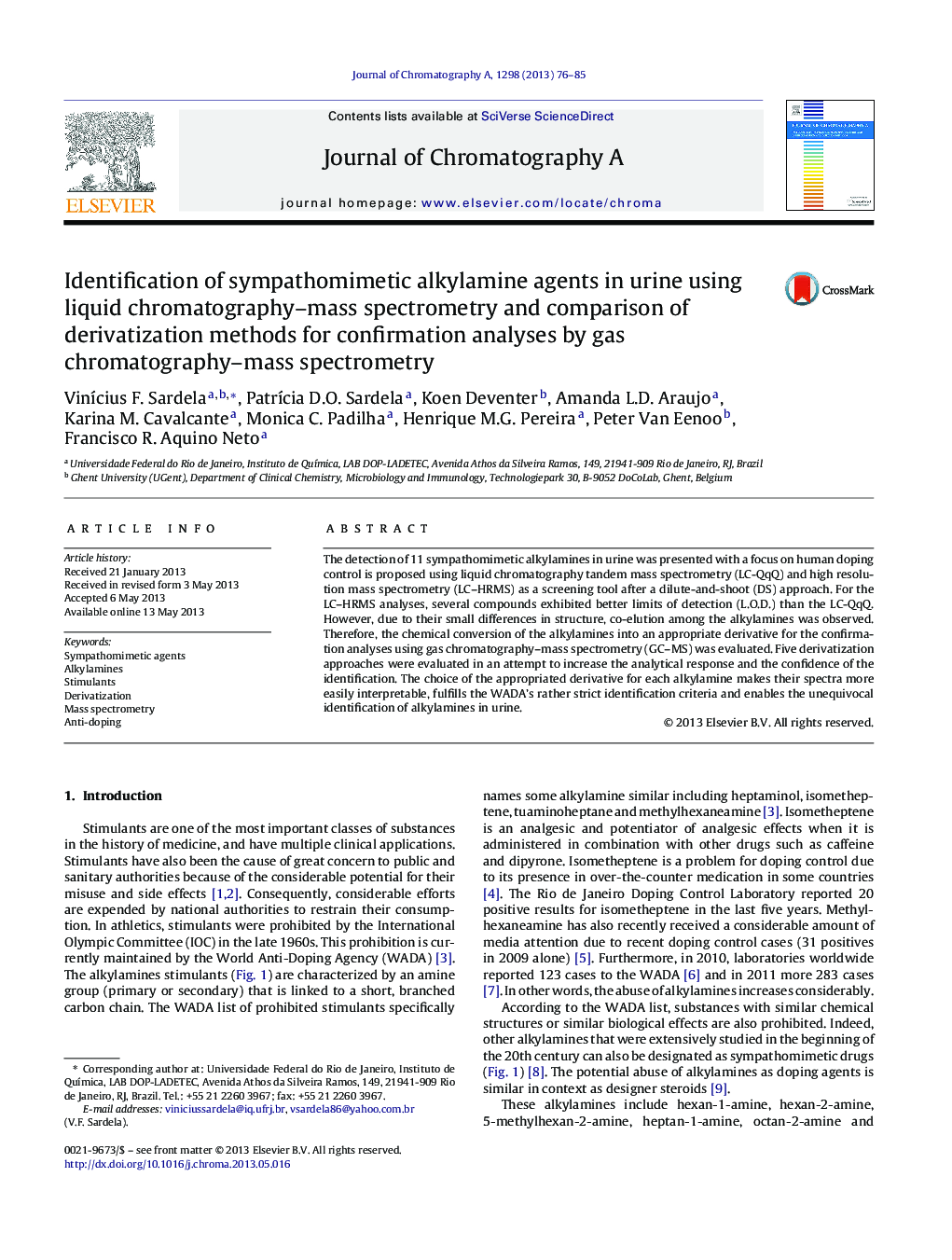 Identification of sympathomimetic alkylamine agents in urine using liquid chromatography–mass spectrometry and comparison of derivatization methods for confirmation analyses by gas chromatography–mass spectrometry