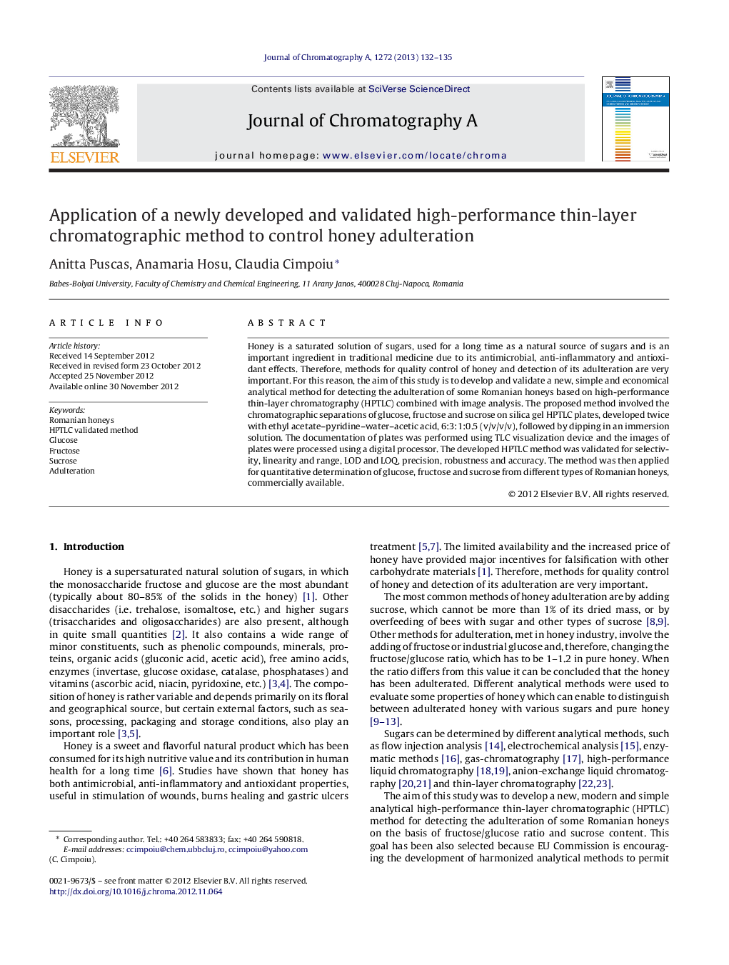 Application of a newly developed and validated high-performance thin-layer chromatographic method to control honey adulteration