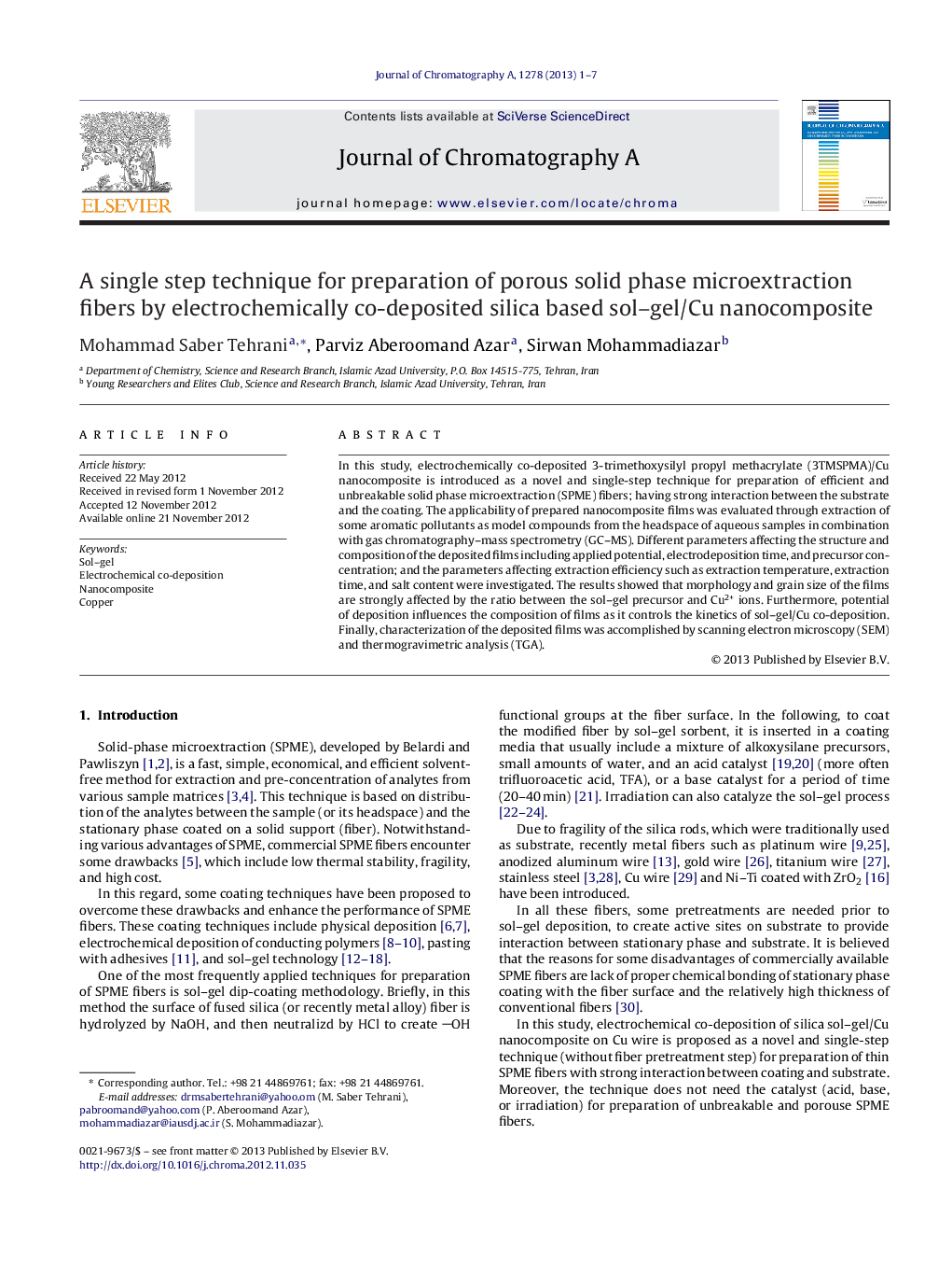 A single step technique for preparation of porous solid phase microextraction fibers by electrochemically co-deposited silica based sol–gel/Cu nanocomposite