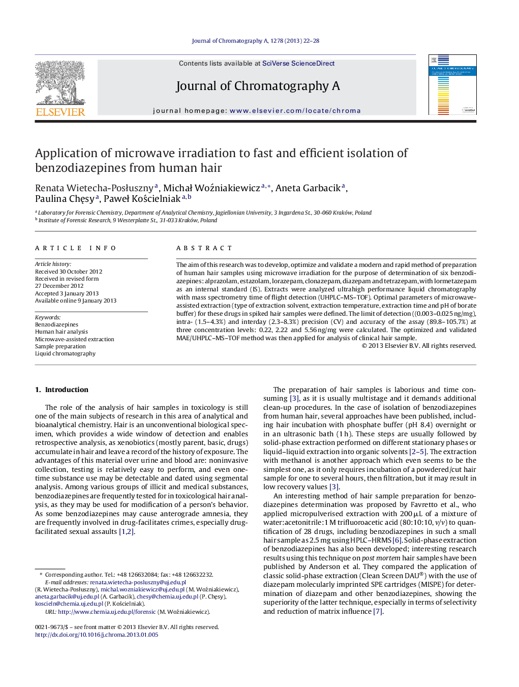 Application of microwave irradiation to fast and efficient isolation of benzodiazepines from human hair