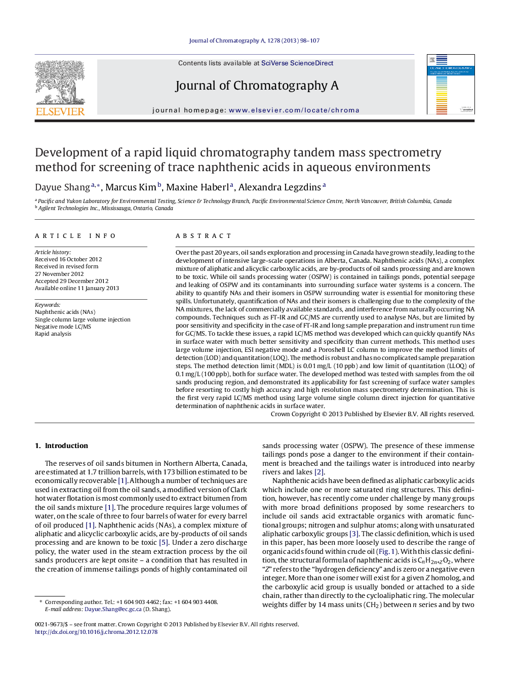 Development of a rapid liquid chromatography tandem mass spectrometry method for screening of trace naphthenic acids in aqueous environments