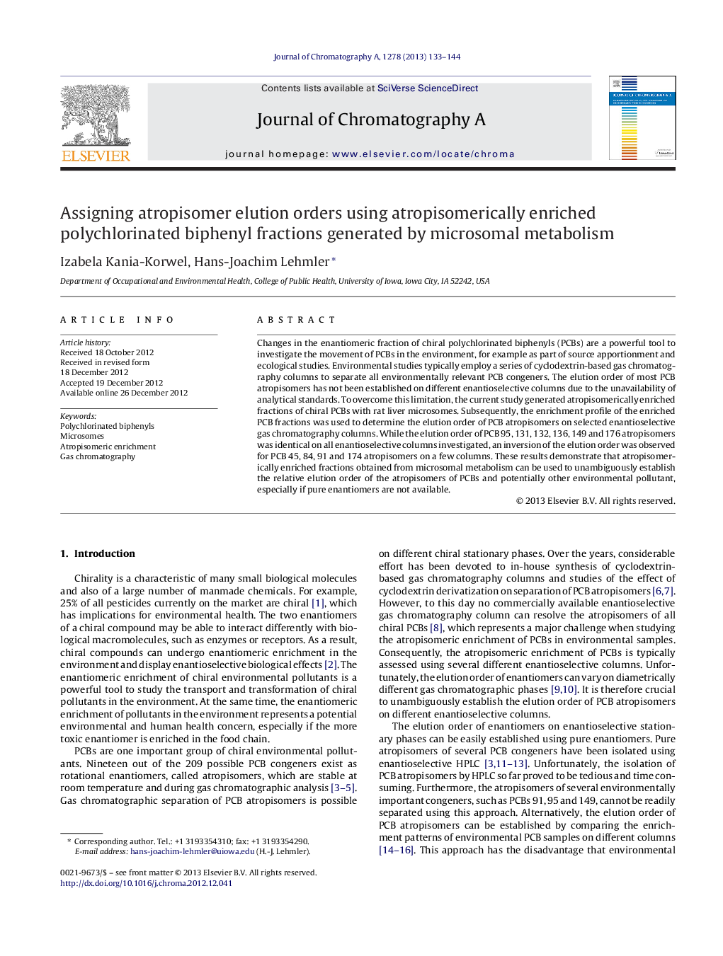 Assigning atropisomer elution orders using atropisomerically enriched polychlorinated biphenyl fractions generated by microsomal metabolism