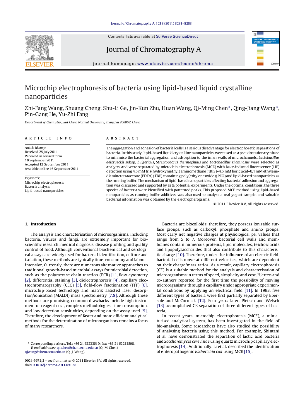 Microchip electrophoresis of bacteria using lipid-based liquid crystalline nanoparticles