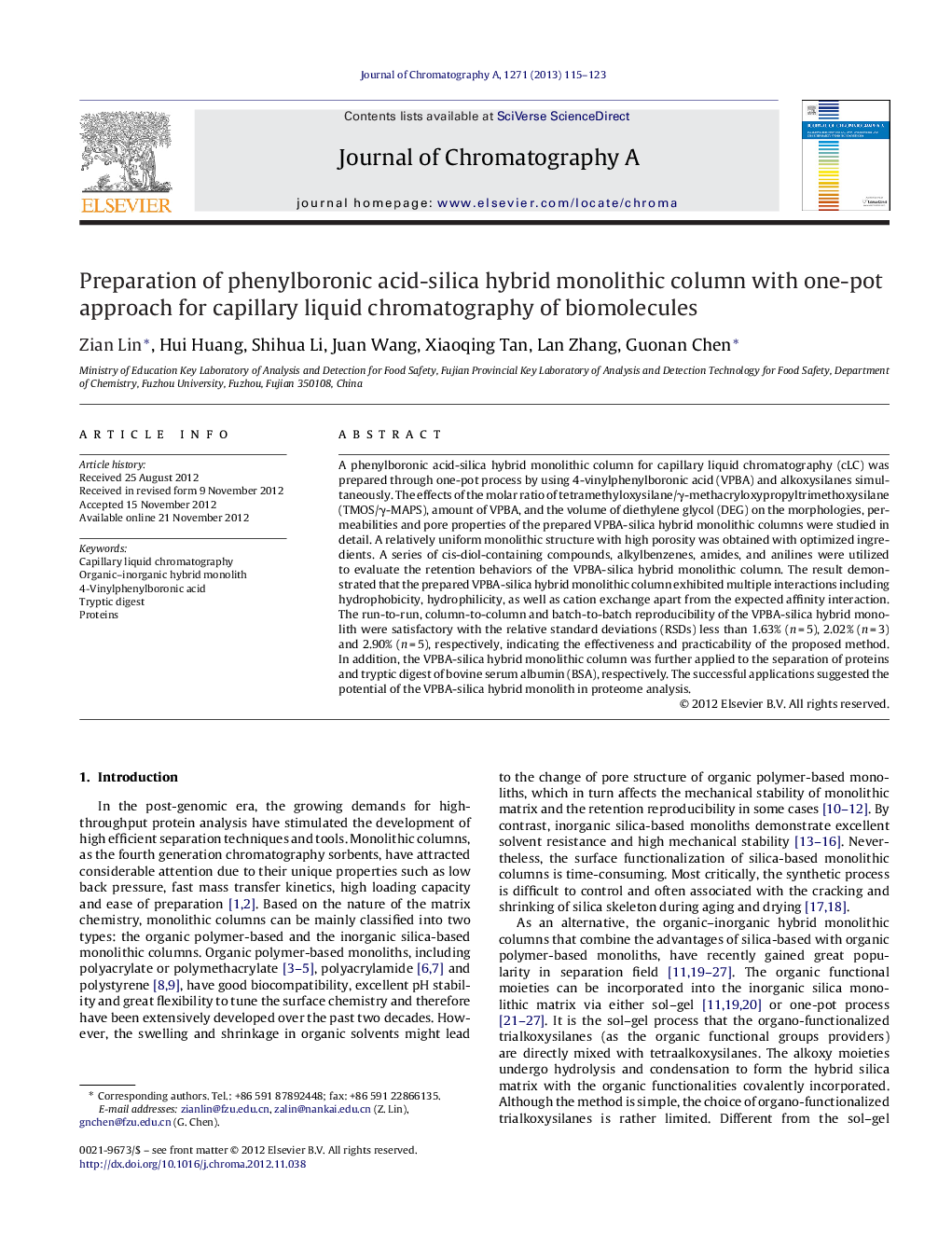 Preparation of phenylboronic acid-silica hybrid monolithic column with one-pot approach for capillary liquid chromatography of biomolecules