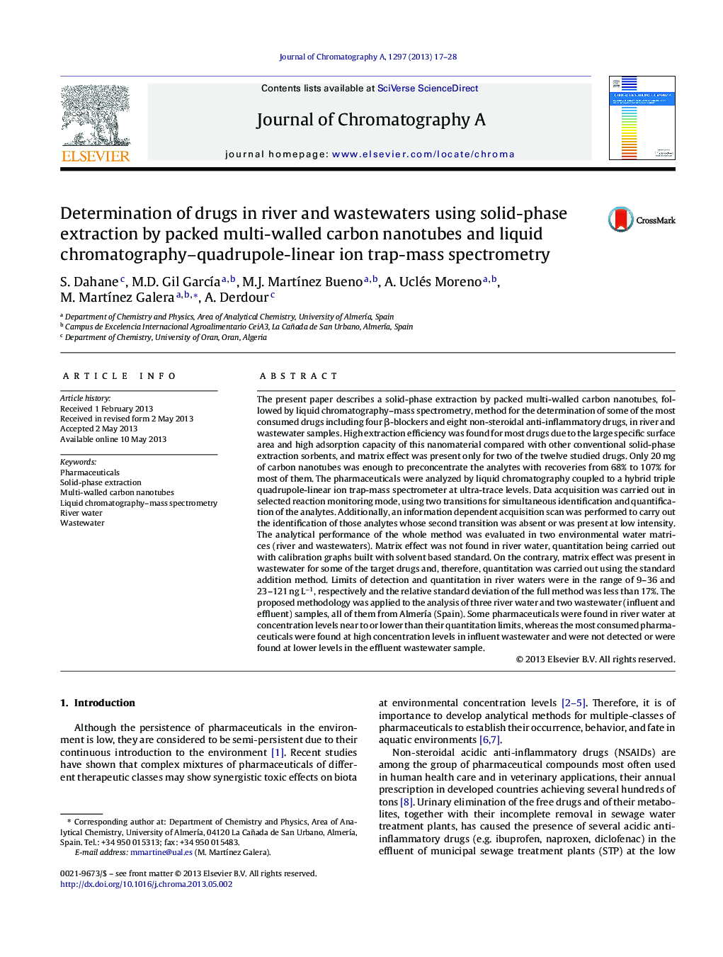 Determination of drugs in river and wastewaters using solid-phase extraction by packed multi-walled carbon nanotubes and liquid chromatography–quadrupole-linear ion trap-mass spectrometry