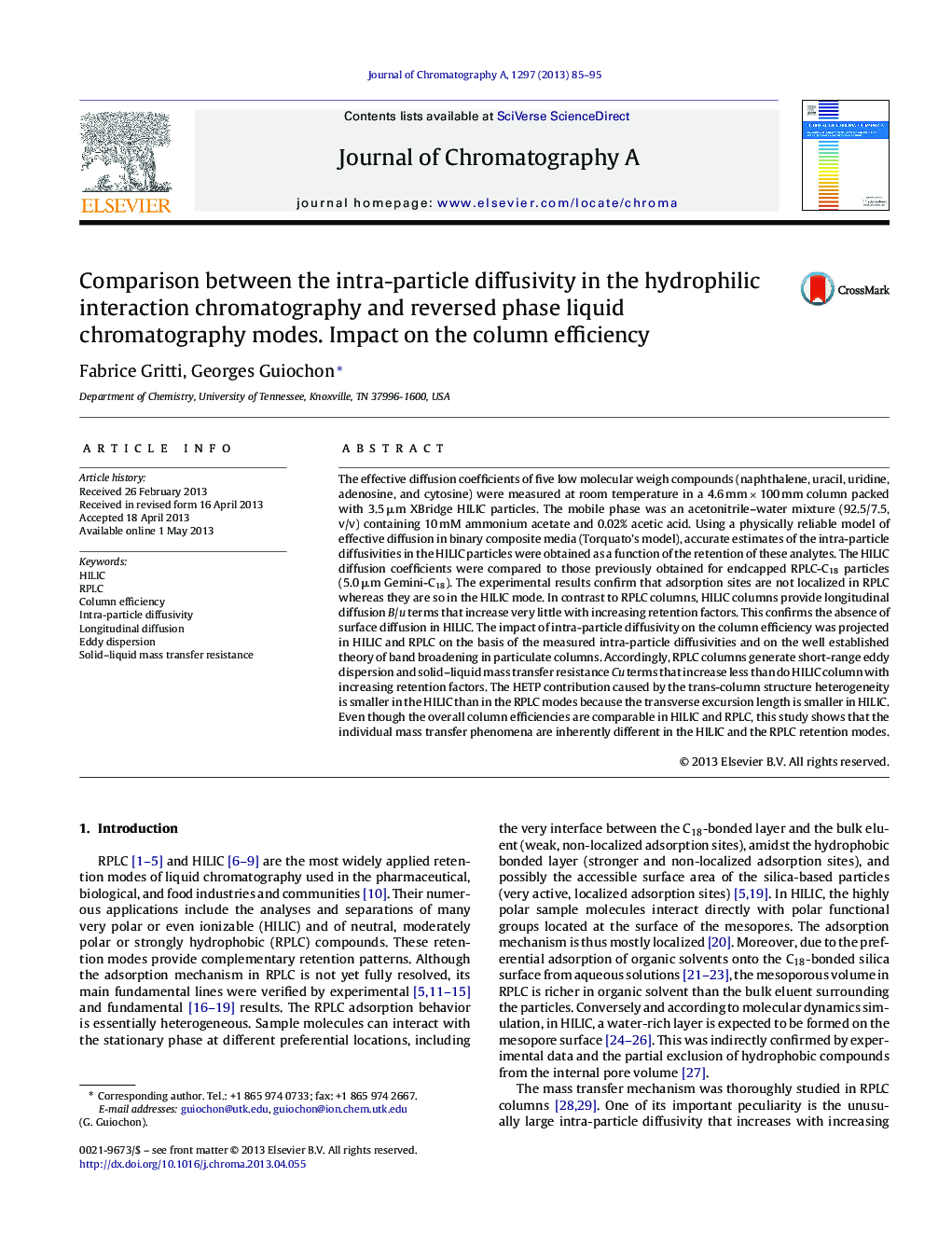 Comparison between the intra-particle diffusivity in the hydrophilic interaction chromatography and reversed phase liquid chromatography modes. Impact on the column efficiency