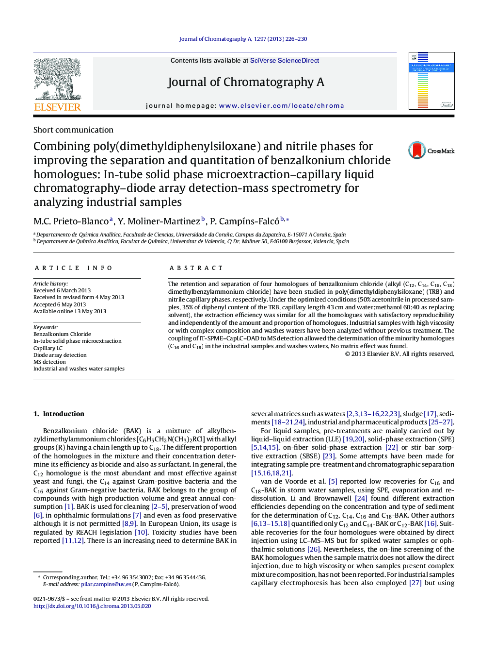 Combining poly(dimethyldiphenylsiloxane) and nitrile phases for improving the separation and quantitation of benzalkonium chloride homologues: In-tube solid phase microextraction–capillary liquid chromatography–diode array detection-mass spectrometry for 